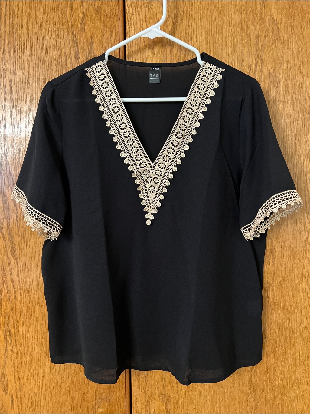 Shein Black Blouse With Cream Crochet V-Neck
